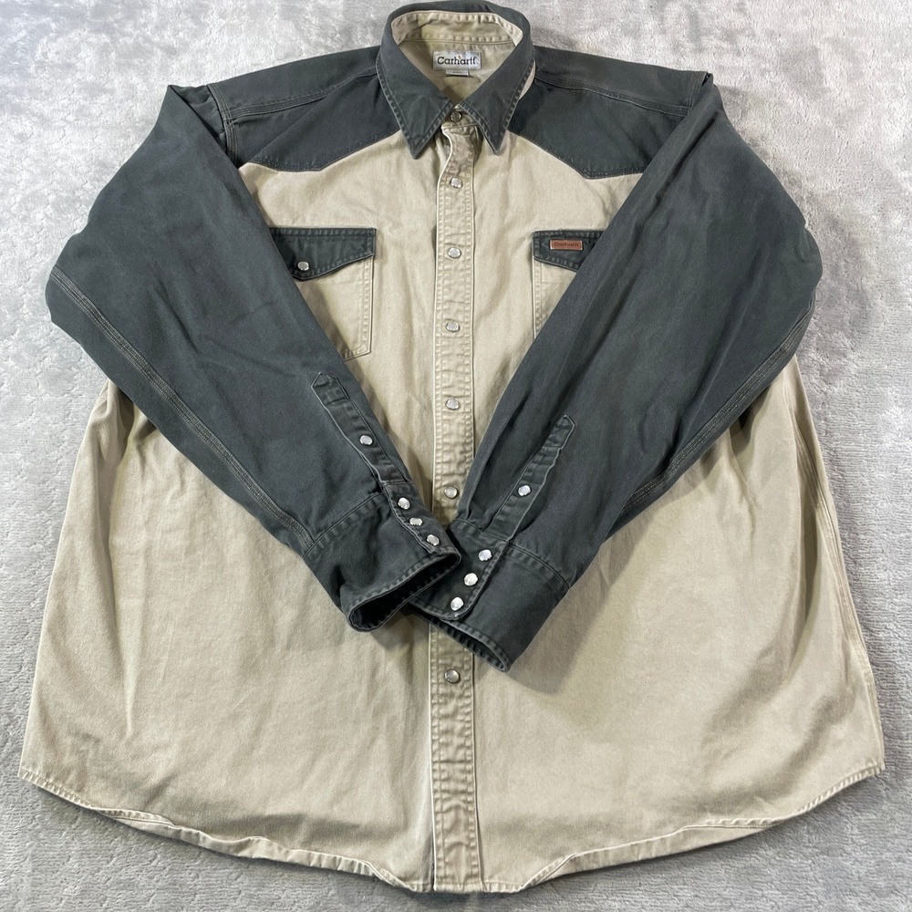 Carhartt Workwear Shirt Mens 2XL Tall Tan Heavy Western Pearl Snap Twill '09